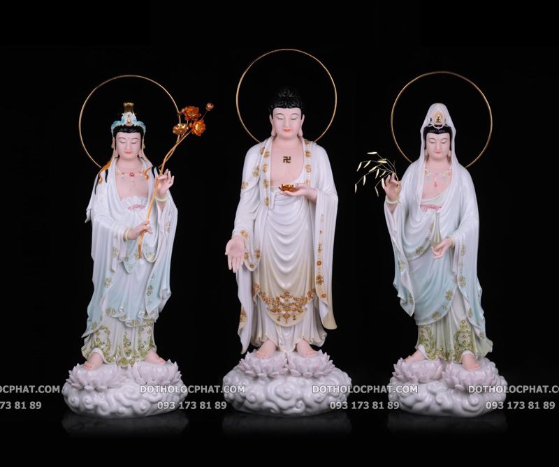 Tây Phương Tam Thánh Đứng Song Liên Đế Mây Màu Khoáng TPTT-051 Tây Phương Tam Thánh Đứng Song Liên Đế Mây Màu Khoáng TPTT-051