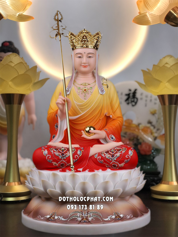 Tượng Địa Tạng Áo Gấm Đỏ Đế Hoa Sen Nở DT-037