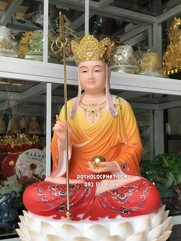 Tượng Địa Tạng Áo Gấm Đỏ Đế Hoa Sen Nở DT-037