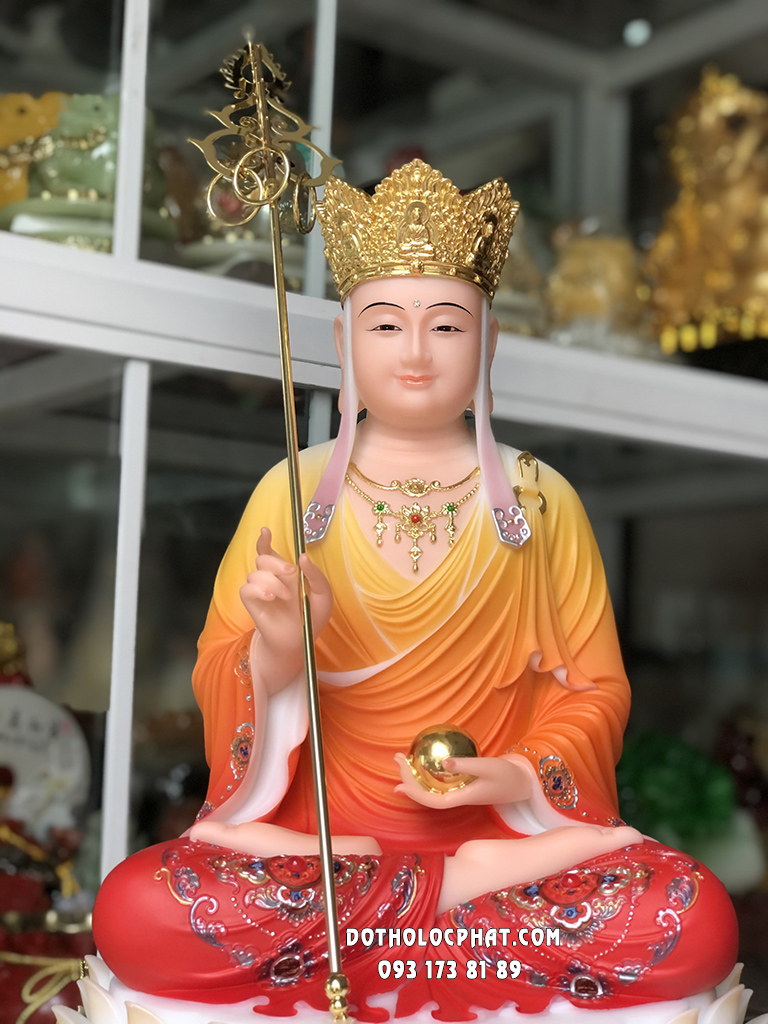 Tượng Địa Tạng Áo Gấm Đỏ Đế Hoa Sen Nở DT-037