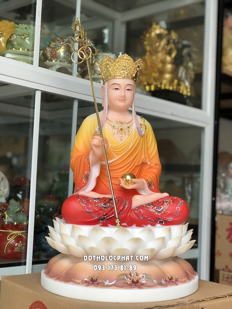 Tượng Địa Tạng Áo Gấm Đỏ Đế Hoa Sen Nở DT-037