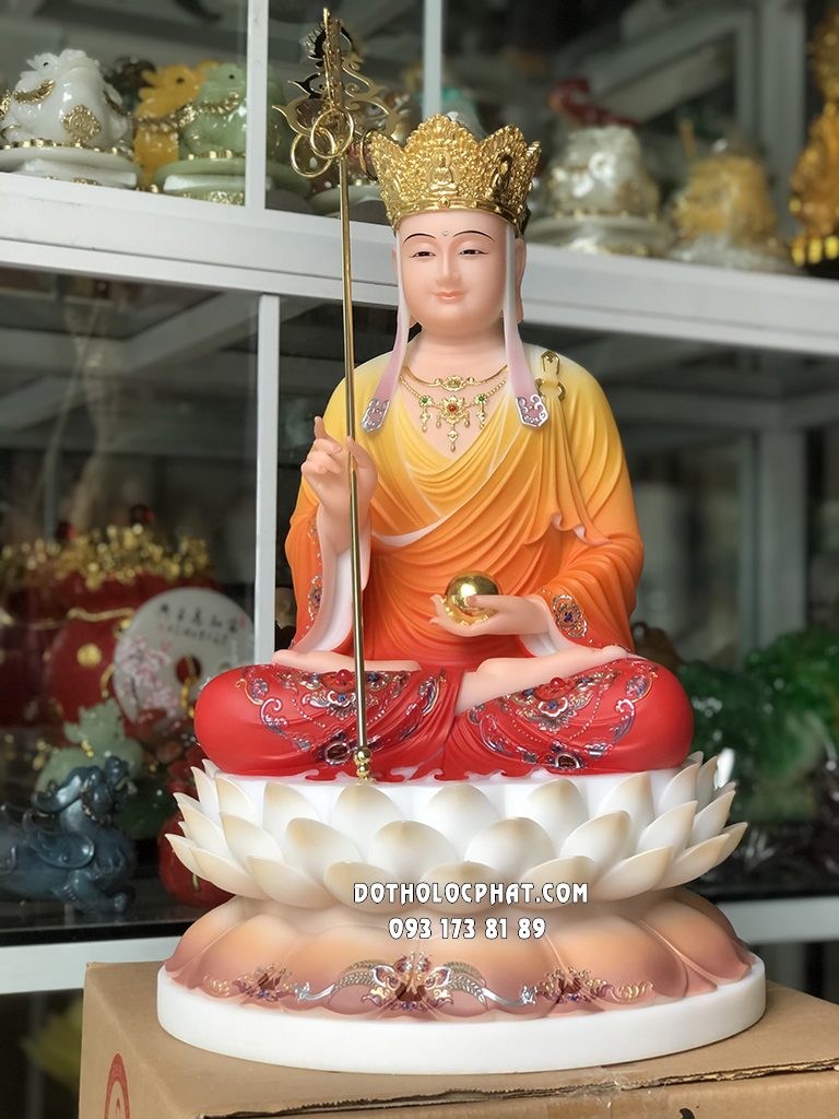 Tượng Địa Tạng Áo Gấm Đỏ Đế Hoa Sen Nở DT-037