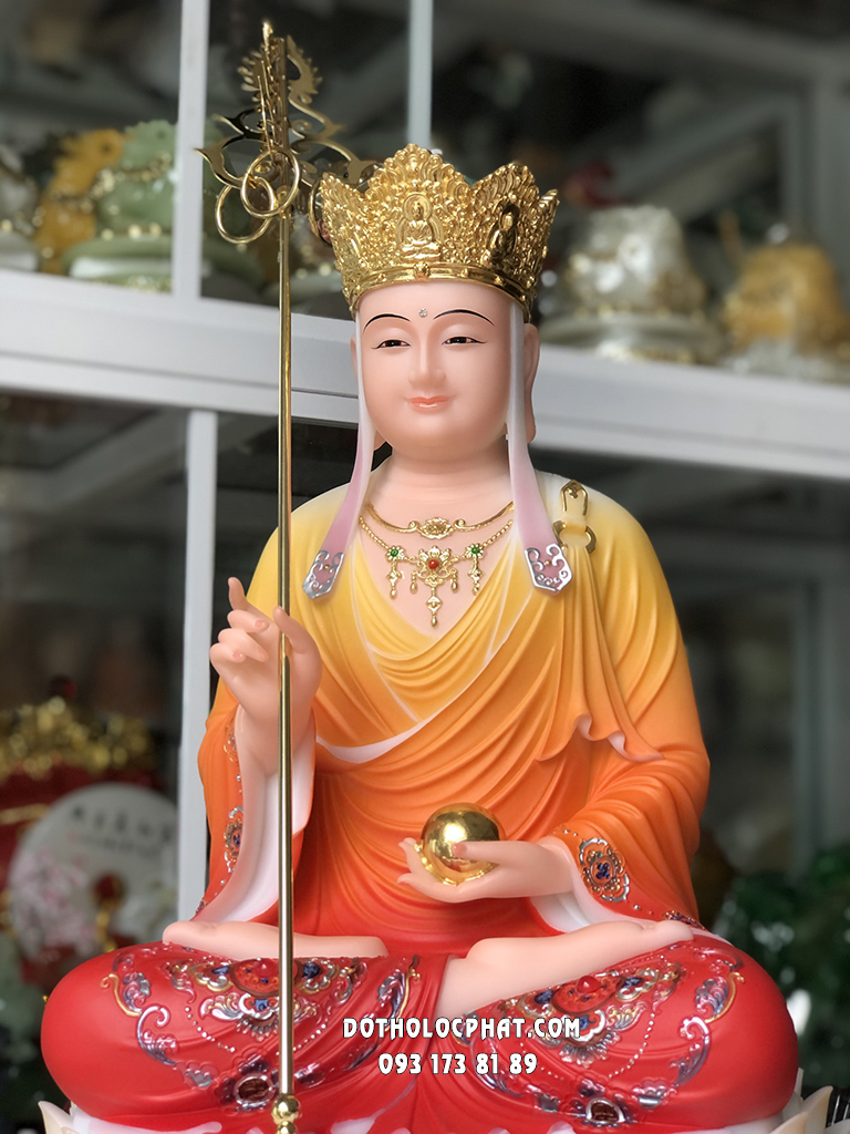 Tượng Địa Tạng Áo Gấm Đỏ Đế Hoa Sen Nở DT-037