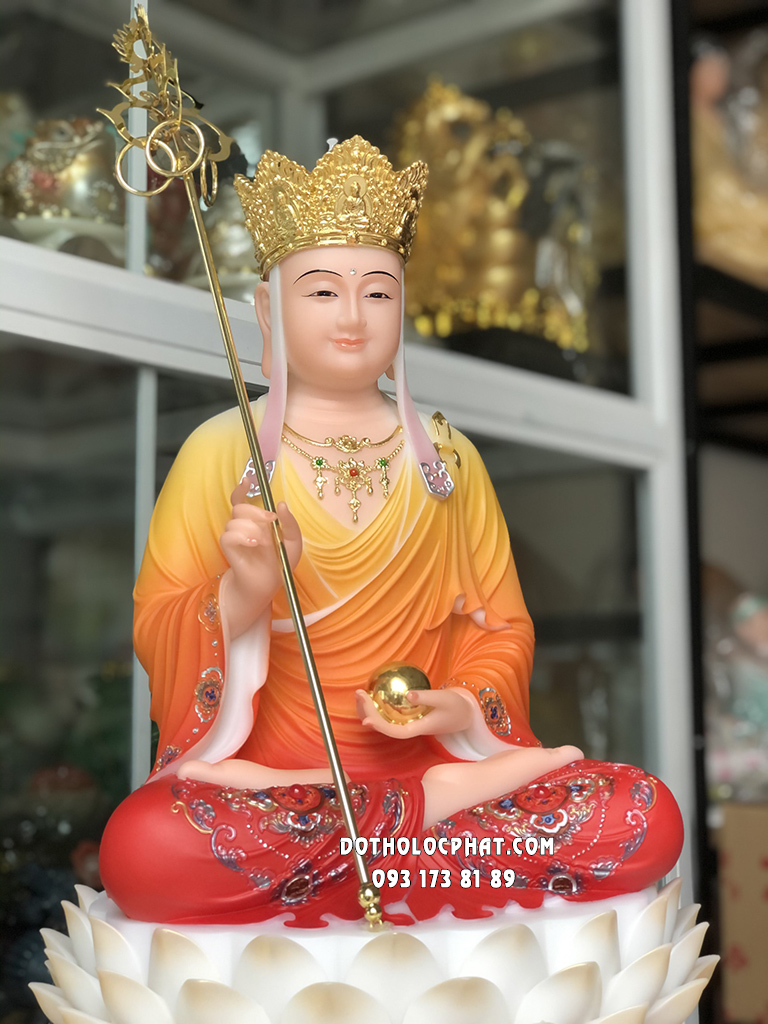 Tượng Địa Tạng Áo Gấm Đỏ Đế Hoa Sen Nở DT-037