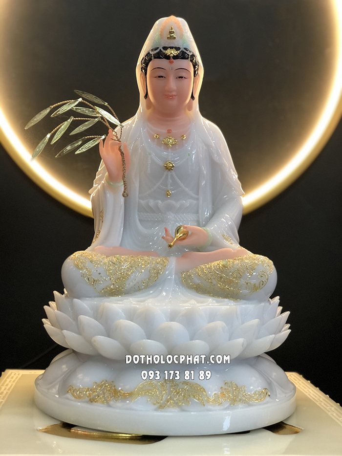 Tượng Phật Quan Âm Trắng Đế Hoa Sen Nở QABT-085