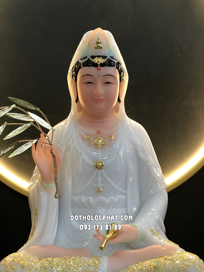 Tượng Phật Quan Âm Trắng Đế Hoa Sen Nở QABT-085