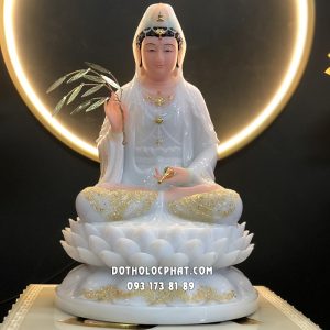 Tượng Phật Quan Âm Trắng Đế Hoa Sen Nở QABT-085