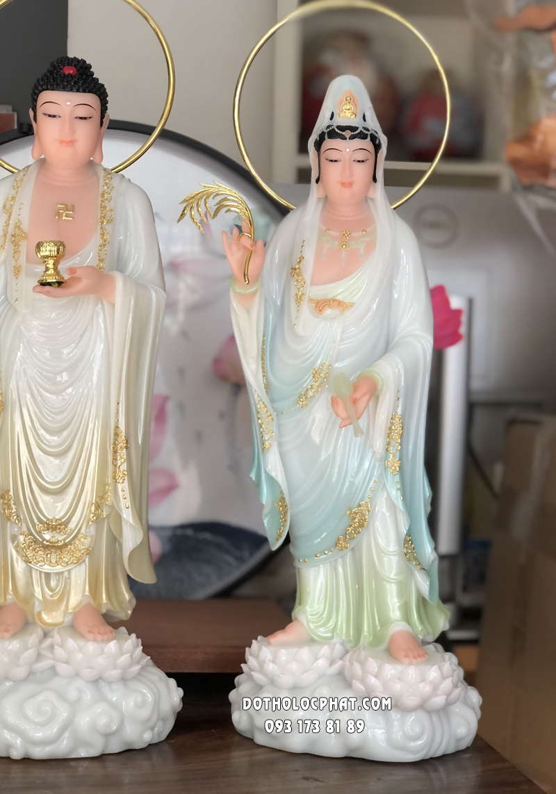 Tượng Tây Phương Tam Thánh đứng song liên bằng bột đá đẹp