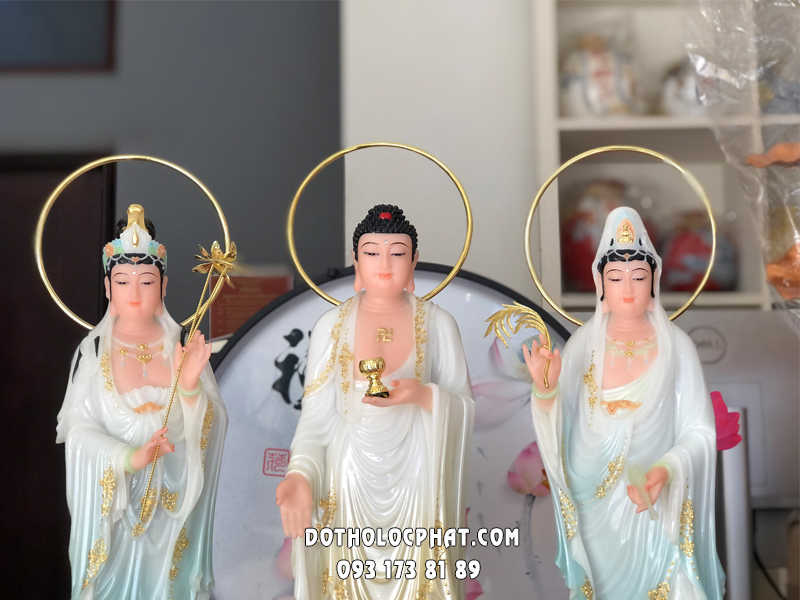 Tượng Tây Phương Tam Thánh đứng song liên bằng bột đá đẹp