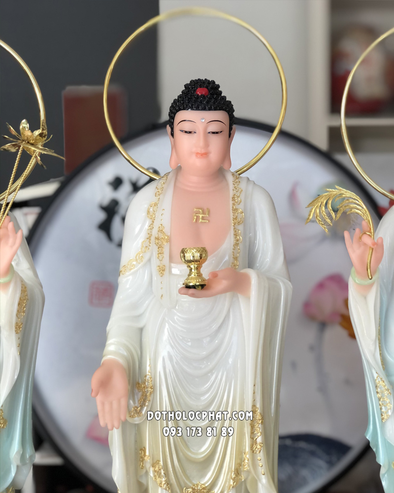 Tượng Tây Phương Tam Thánh đứng song liên bằng bột đá đẹp
