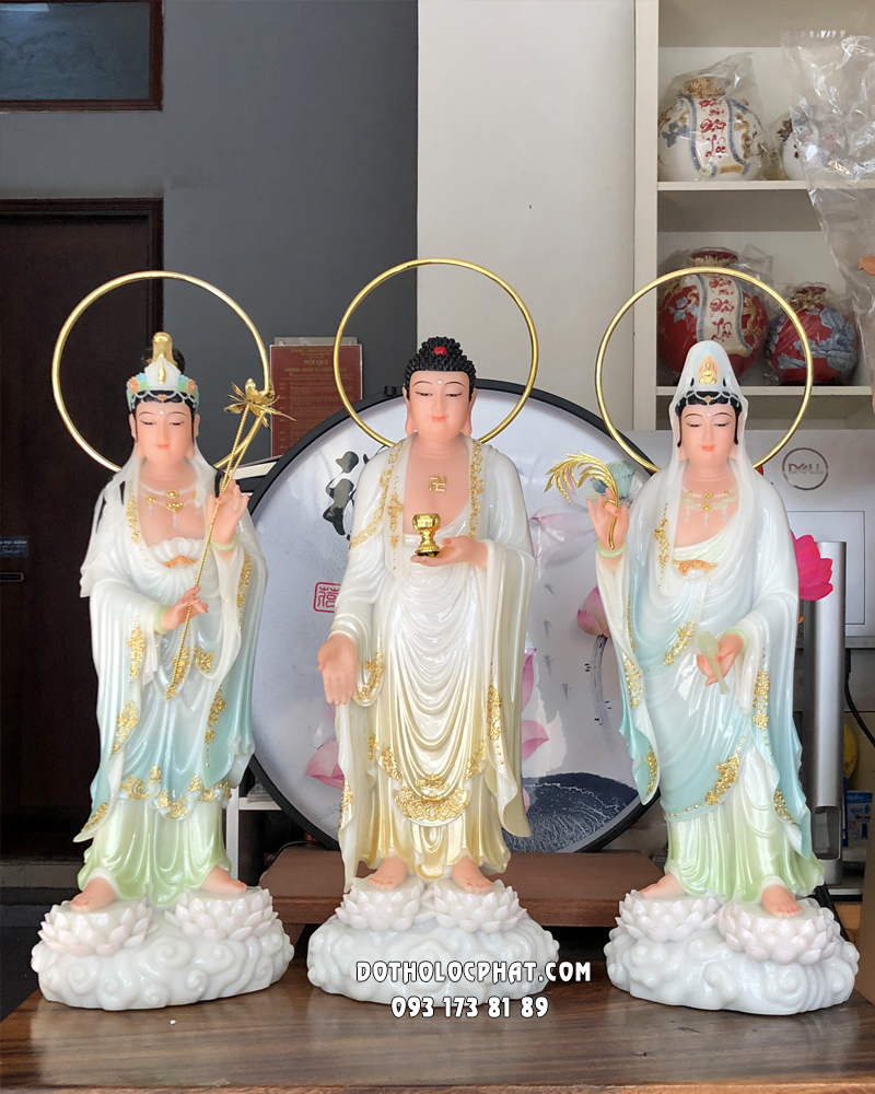 Tượng Tây Phương Tam Thánh đứng song liên bằng bột đá đẹp
