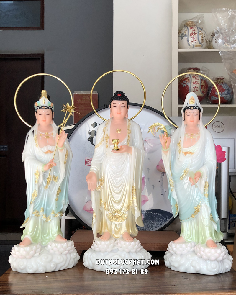 Tượng Tây Phương Tam Thánh đứng song liên bằng bột đá đẹp