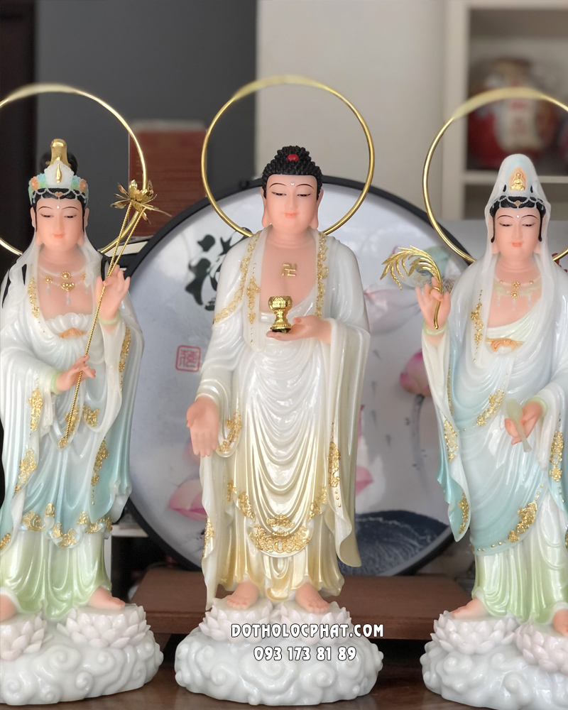 Tượng Tây Phương Tam Thánh đứng song liên bằng bột đá đẹp