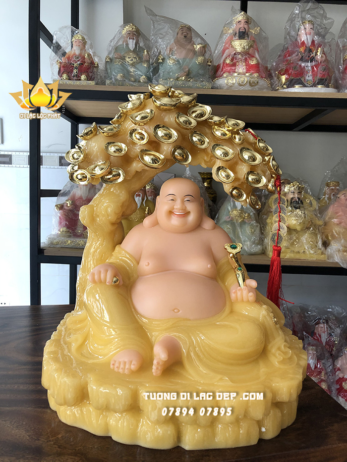 Tượng Phật Di Lặc thạch anh ngồi cây tiền vàng