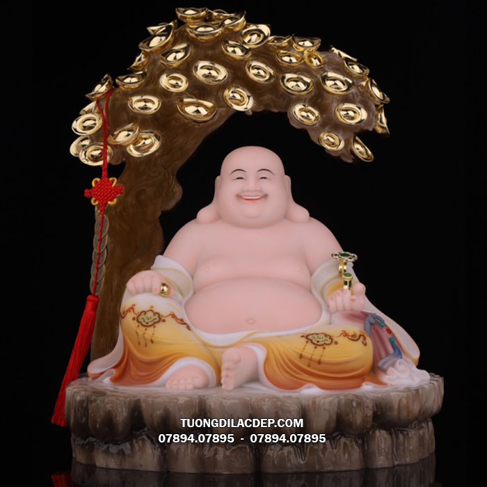 Tượng Phật Di Lặc áo gấm vàng ngồi cây tiền đẹp