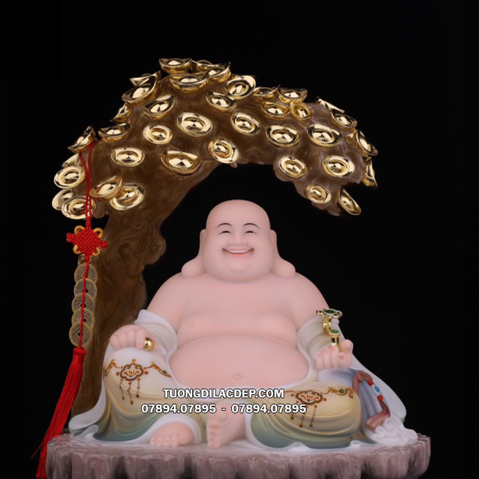 Tượng Phật Di Lặc gấm xanh ngồi cây tiền