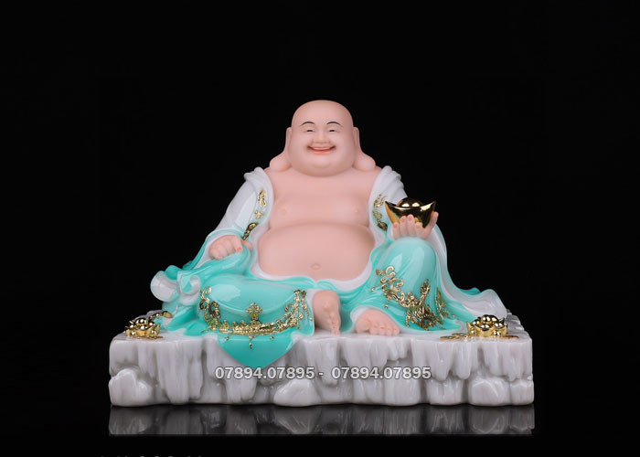Tượng Phật Di Lặc xanh viền vàng ngồi đá