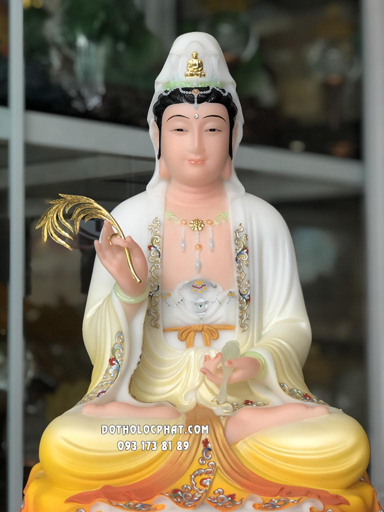 Tượng Mẹ Quan Âm Áo Gấm Cam Đế Vân Mây QABT-090