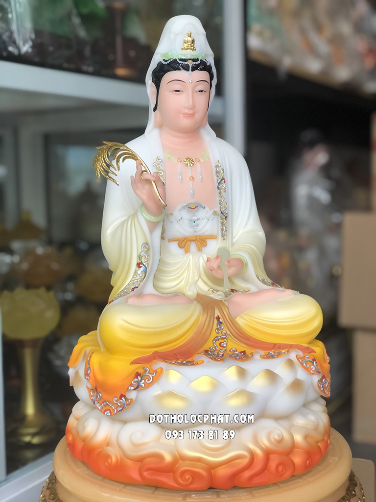 Tượng Mẹ Quan Âm Áo Gấm Cam Đế Vân Mây QABT-090