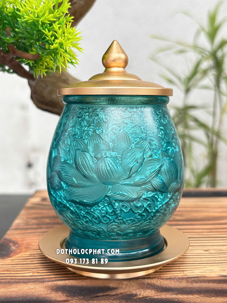 Chung Nước Thờ Cúng Lưu Ly Xanh Phối Đồng DTLL- 010
