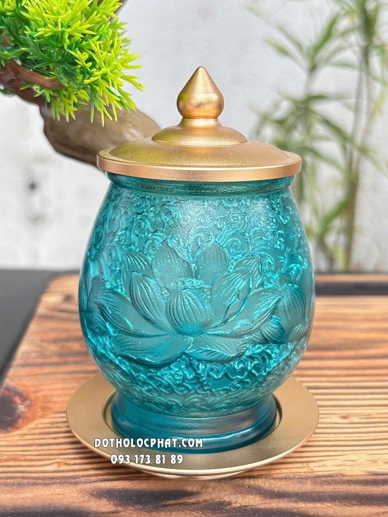 Chung Nước Thờ Cúng Lưu Ly Xanh Phối Đồng DTLL- 010