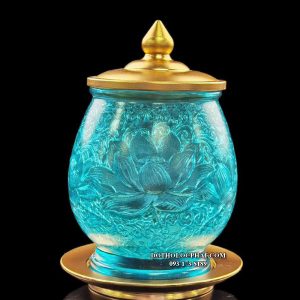 Chung nước (chén nước) thờ cúng lưu ly xanh bọc hợp kim đồng vàng họa tiết hoa sen