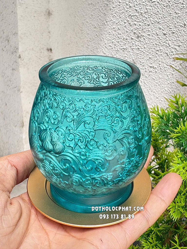 Chung Nước Thờ Cúng Lưu Ly Xanh Phối Đồng DTLL- 010
