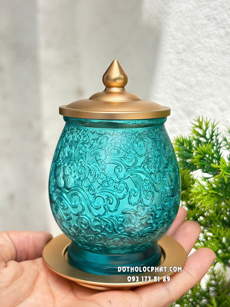 Chung Nước Thờ Cúng Lưu Ly Xanh Phối Đồng DTLL- 010