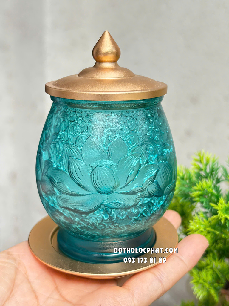 Chung Nước Thờ Cúng Lưu Ly Xanh Phối Đồng DTLL- 010