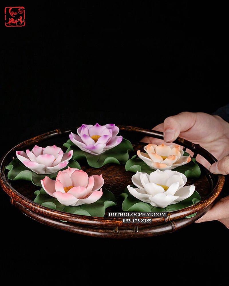 Đế cắm nhang/hương hình hoa sen nhiều màu bằng sứ
