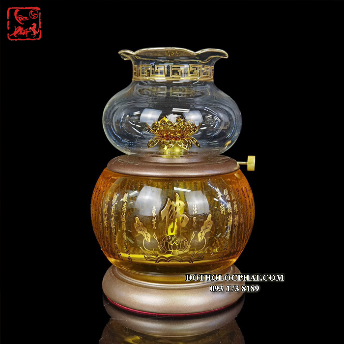 Đèn dầu pha lê in hoa sen, Tâm Kinh, chữ Phật thân vàng đẹp nhất