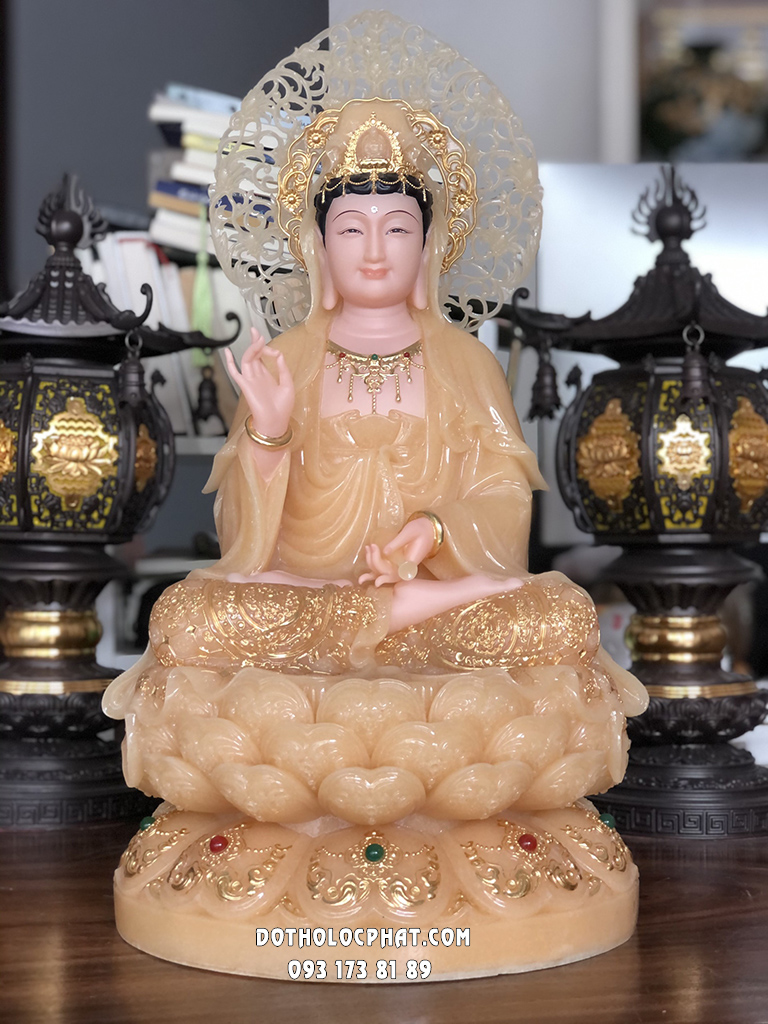 Tượng Phật Quan Âm Thạch Anh Viền Vàng Nạm Ngọc HQ QABT-101