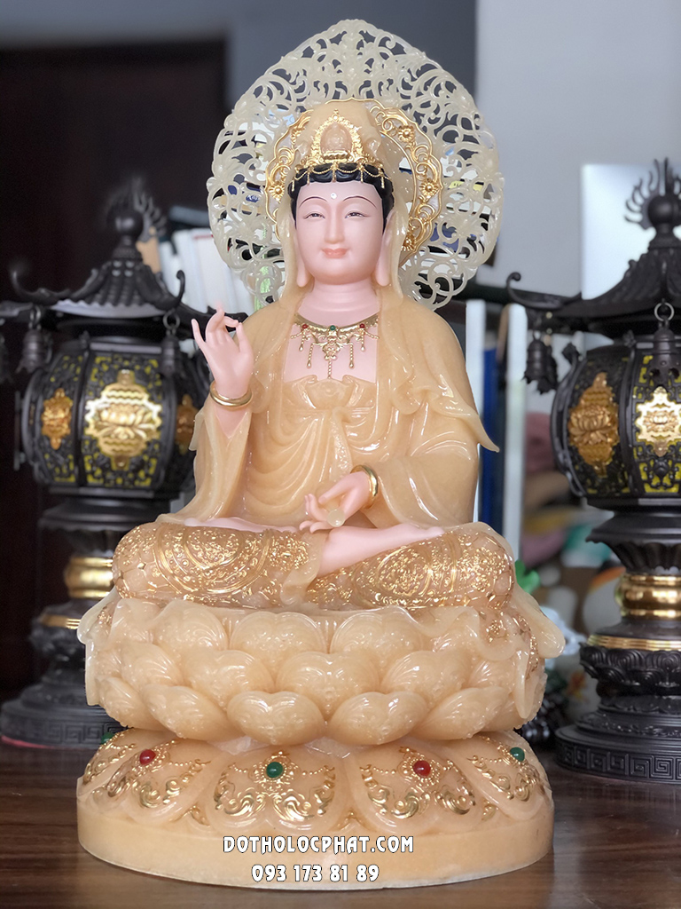 Tượng Phật Quan Âm Thạch Anh Viền Vàng Nạm Ngọc HQ QABT-101