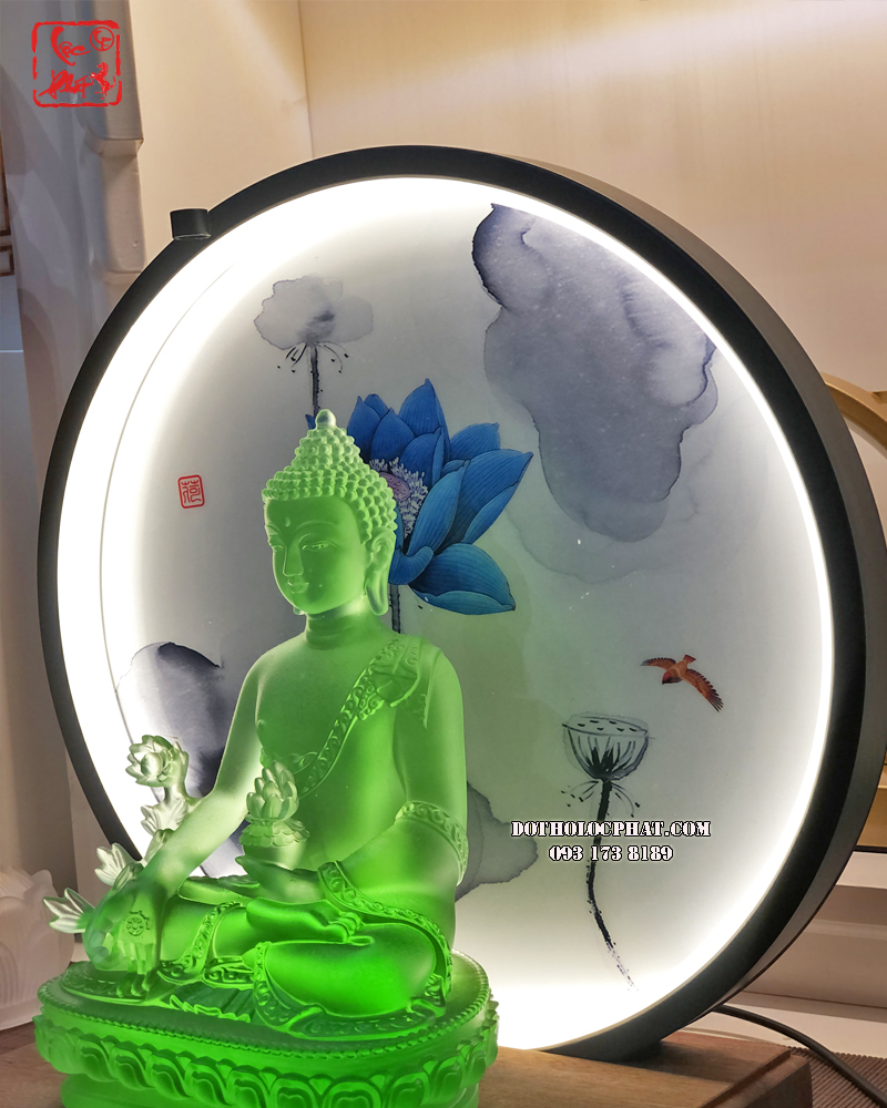 Hào quang sen xanh có đế gỗ thanh tịnh, an yên cho bàn thờ Phật