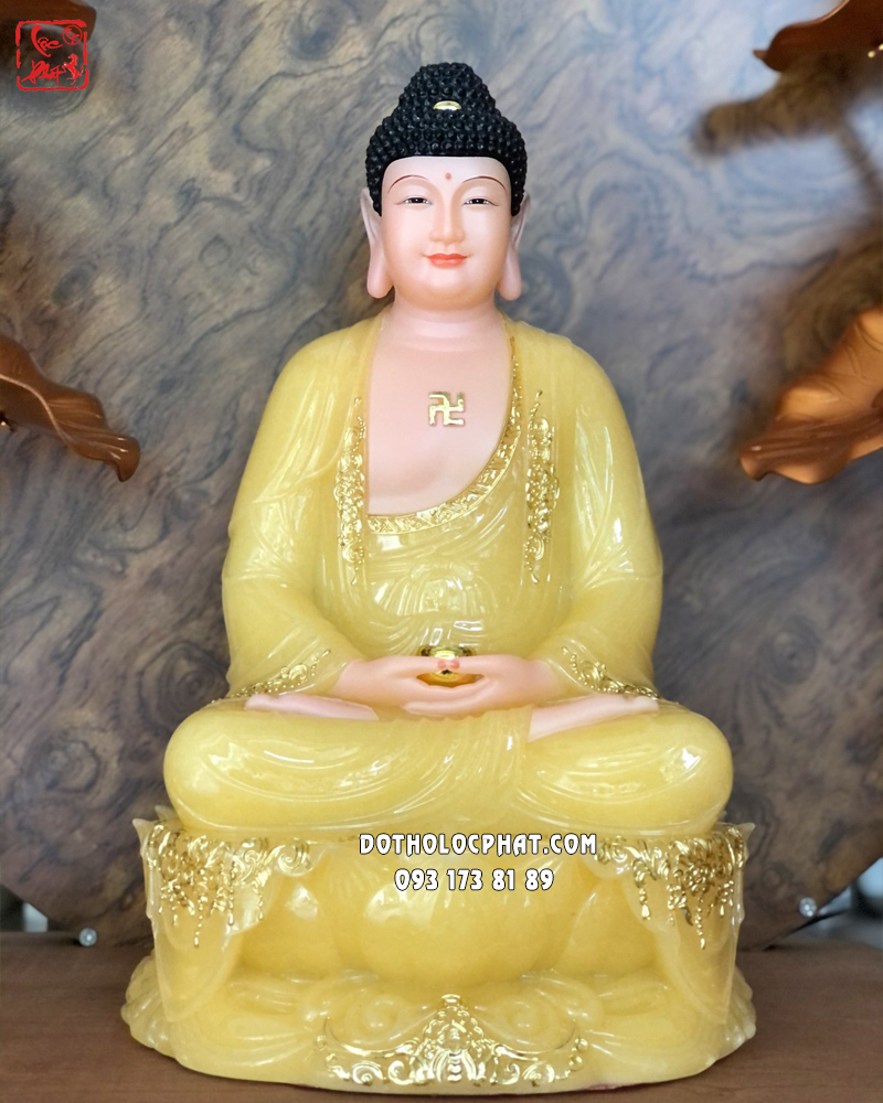Tượng Phật A Di Đà thạch anh viền vàng áo rũ trang nghiêm, hảo tướng