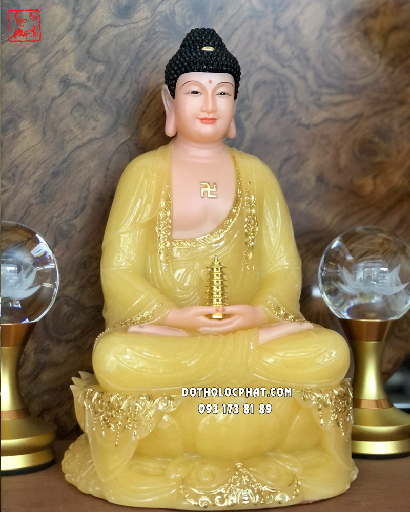 Tượng Phật Dược Sư thạch anh viền vàng áo rũ diện đẹp, từ bi
