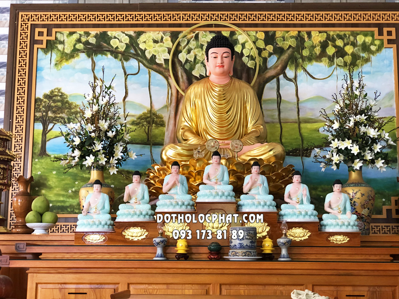 Bộ tượng 7 vị Phật Dược Sư bằng bột đá xanh ngọc ngồi đế sen cao 40cm