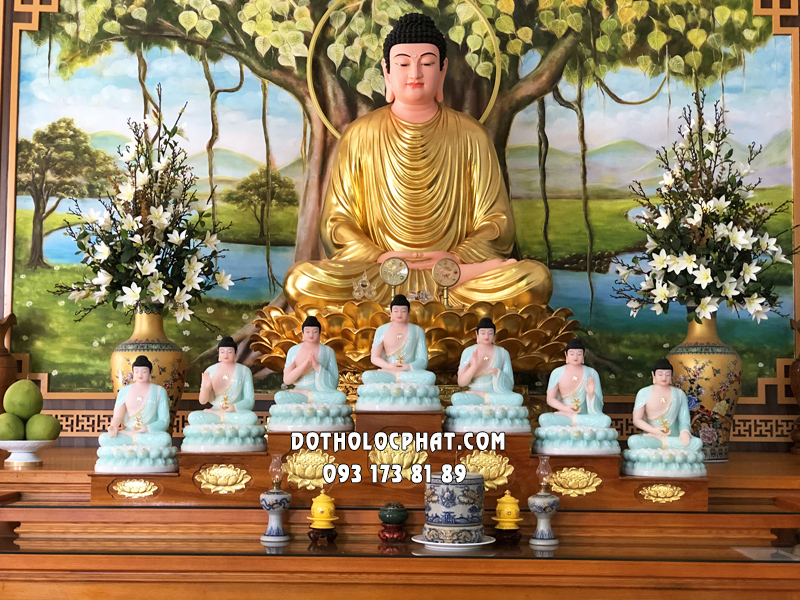 Bộ tượng 7 vị Phật Dược Sư bằng bột đá xanh ngọc ngồi đế sen cao 40cm