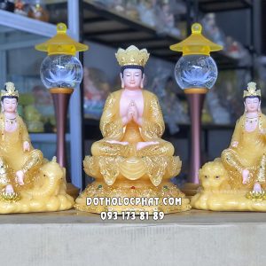Tượng Hoa Nghiêm Tam Thánh thạch anh áo rũ đế sen nạm ngọc đẹp