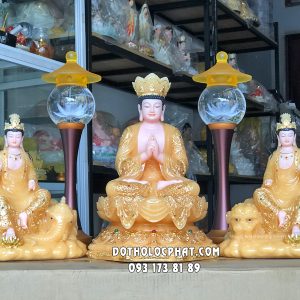 Tượng Hoa Nghiêm Tam Thánh thạch anh áo rũ đế sen nạm ngọc đẹp