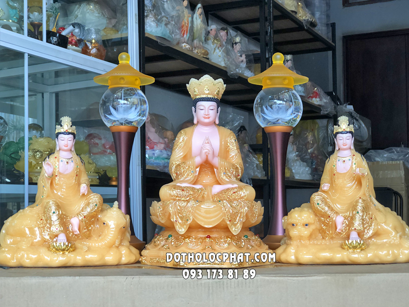 Tượng Hoa Nghiêm Tam Thánh thạch anh áo rũ đế sen nạm ngọc đẹp