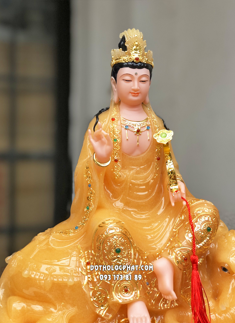 Tượng Hoa Nghiêm Tam Thánh thạch anh áo rũ đế sen nạm ngọc đẹp