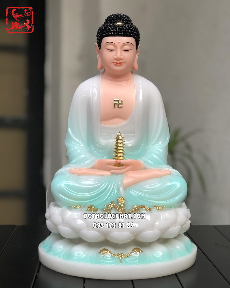 Tượng Phật Dược Sư bột đá xanh ngọc đế sen trắng