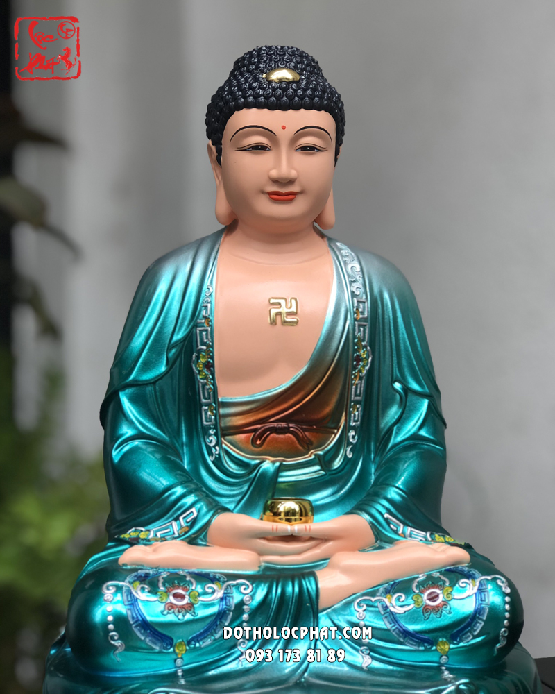 Tượng Phật A Di Đà đế sen áo xanh bằng composite đẹp