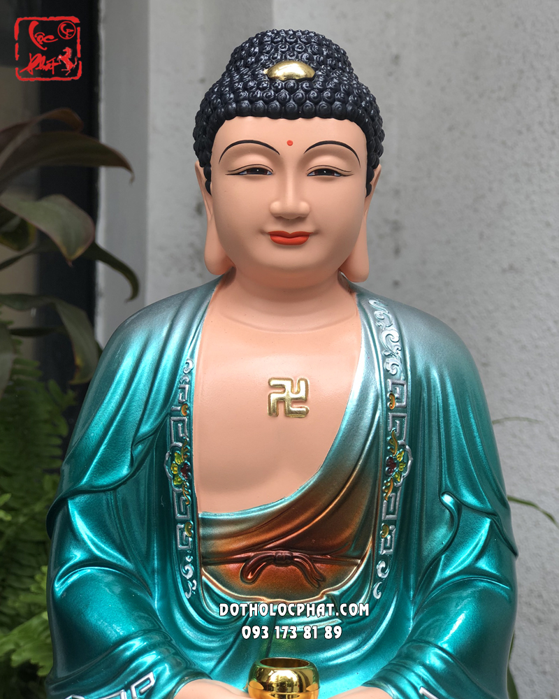 Tượng Phật A Di Đà đế sen áo xanh bằng composite đẹp