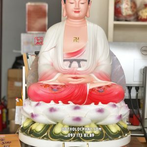 Tượng Phật A Di Đà áo đỏ ngồi đài sen đế tròn bằng poly diện đẹp, từ bi, hảo tướng