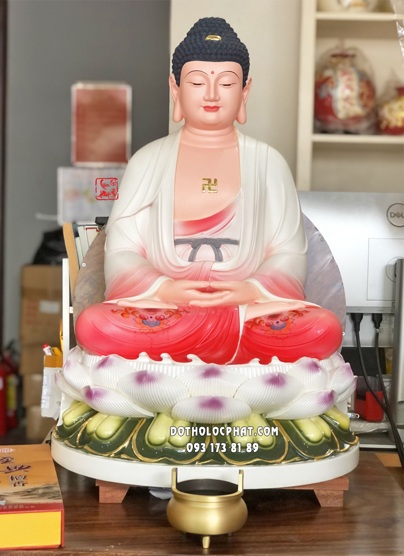 Tượng Phật A Di Đà áo đỏ ngồi đài sen đế tròn bằng poly diện đẹp, từ bi, hảo tướng