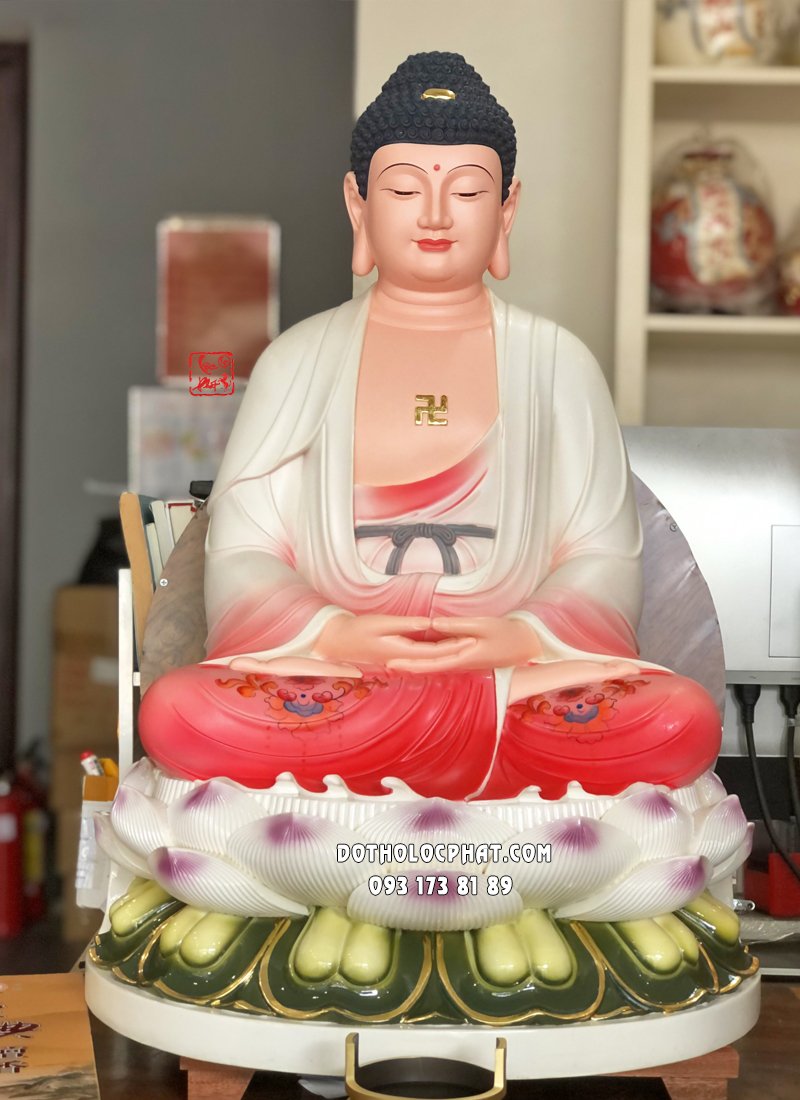 Tượng Phật A Di Đà áo đỏ ngồi đài sen đế tròn bằng poly diện đẹp, từ bi
