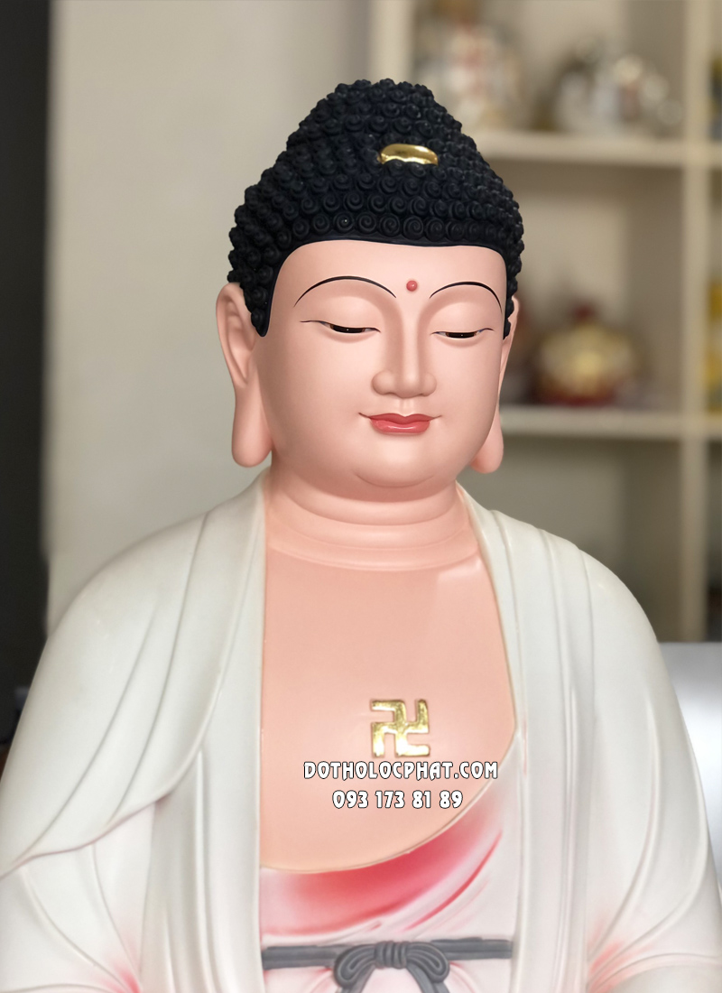 Tượng Phật A Di Đà áo đỏ ngồi đài sen đế tròn bằng poly diện đẹp, từ bi