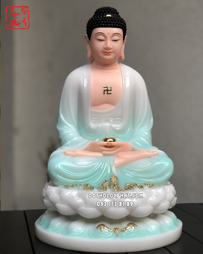 Tượng Phật A Di Đà xanh ngọc đế sen trắng bằng đá đẹp